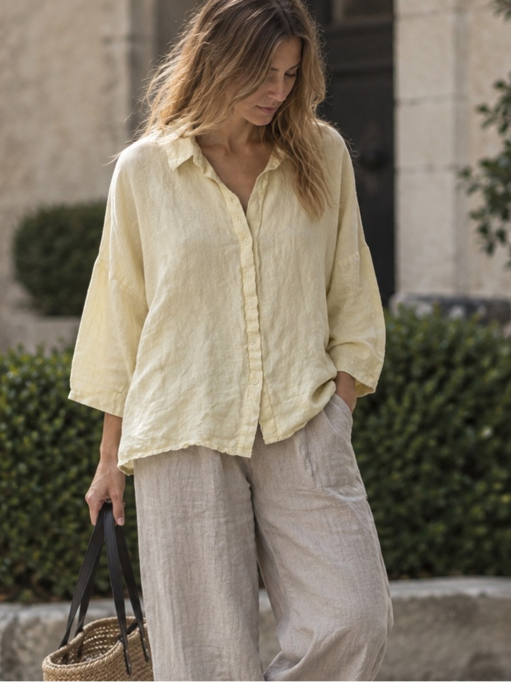Sauths yellow linen relaxed fit button down shirt